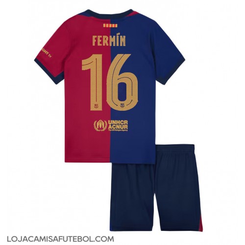 Camisa de Futebol Barcelona Fermin Lopez #16 Equipamento Principal Infantil 2024-25 Manga Curta (+ Calças curtas)